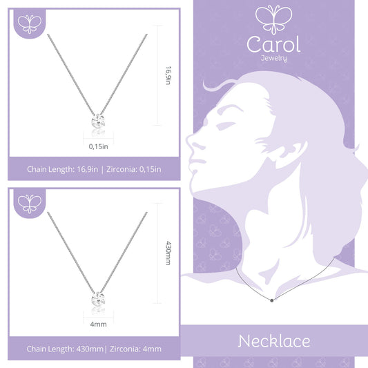 18k Solid White Gold Solitaire, 4 mm Cubic Zirconia Necklace for Women, Girls and Teens | Gifts for Her, BFF Gifts