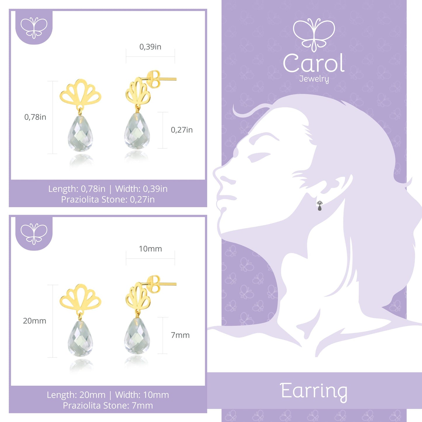 18K Solid Yellow Gold Prasiolite Earrings Natural Green Amethyst Drop