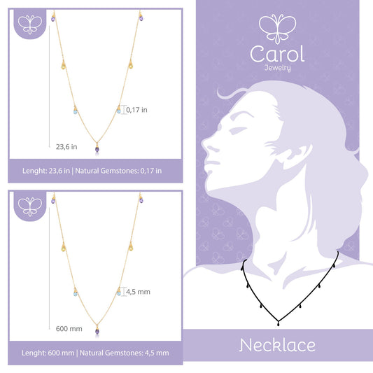 18k Solid Yellow Gold Colorful Natural Stones Necklace – Women 60 cm