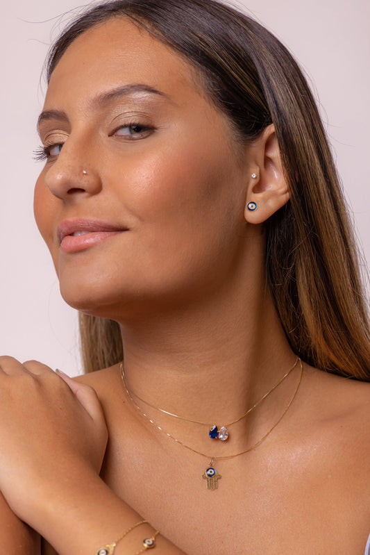 18k Solid Yellow Gold Evil Eye Stud Earrings Push Backs – Women