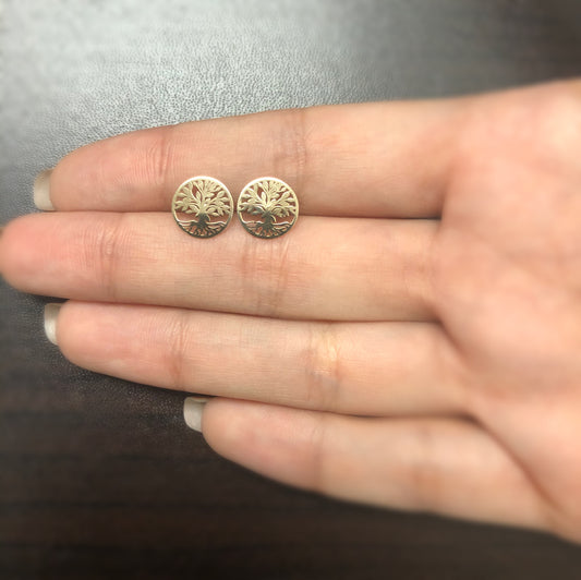 14k Solid Gold Tree of Life Round Shaped Butterfly Back Stud Earrings Women Girl