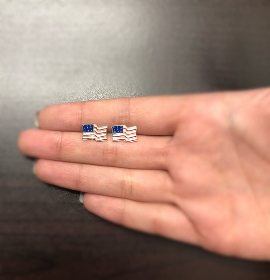 14k Solid Gold USA Flag Stud Earrings Enamel with Butterfly Backs