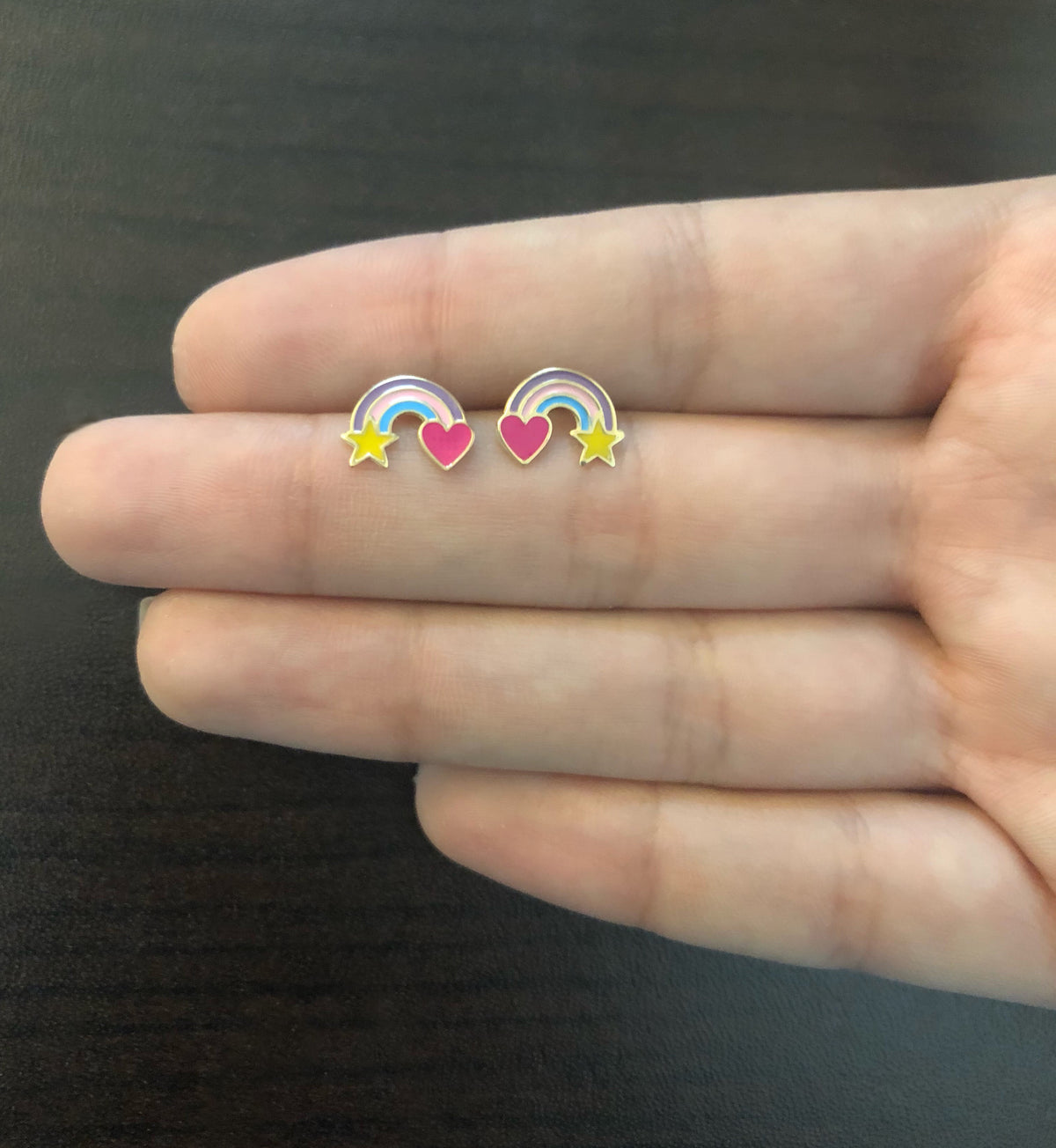 14k Gold Enamel Rainbow Earrings Studs with Push Backs