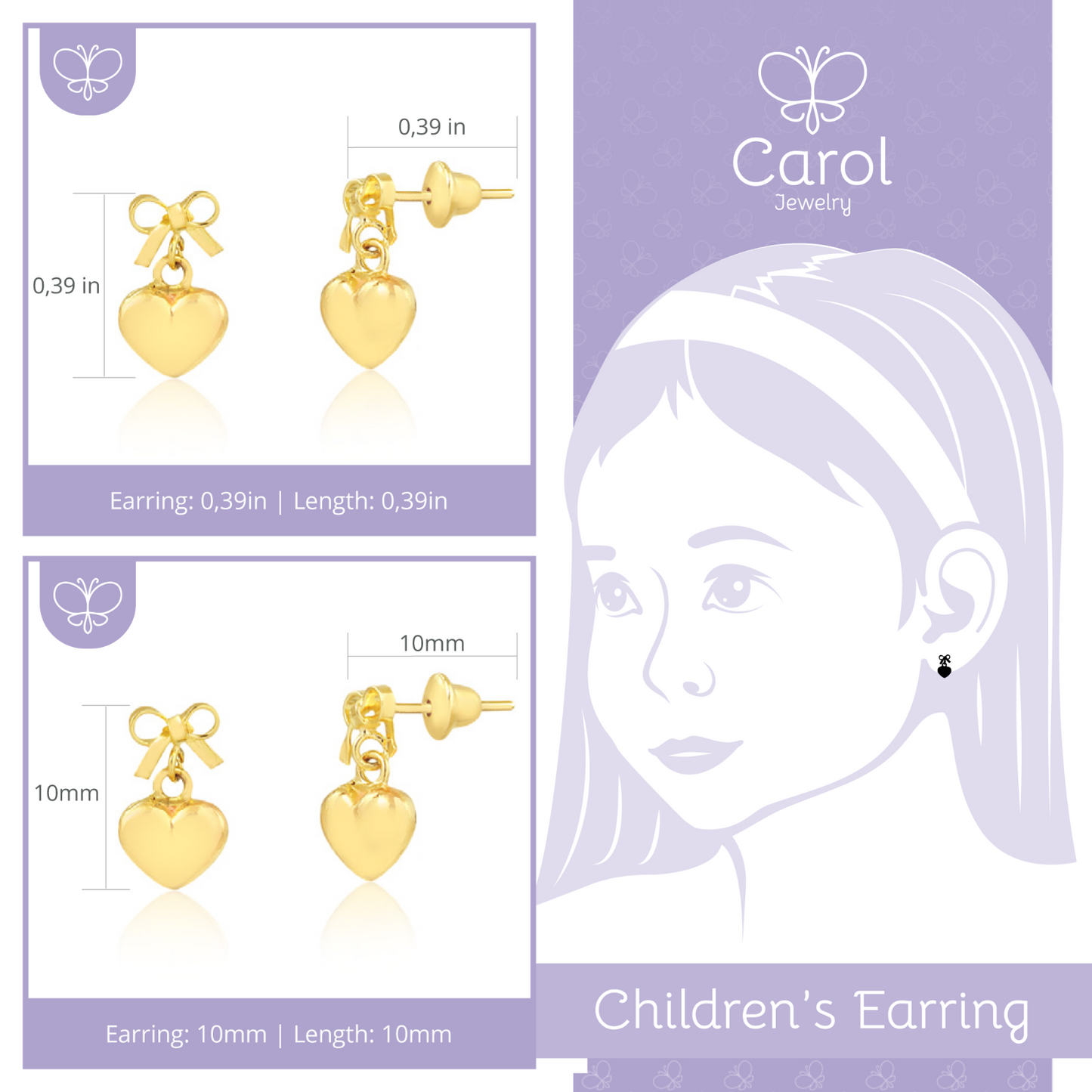 Bow Tie Heart 18k Solid Gold Push Back Drop Earrings for Little Girls, Toddlers