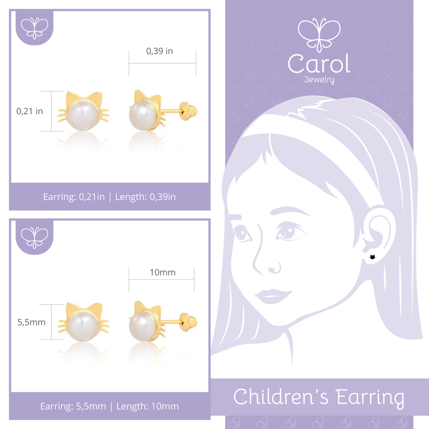 18k Gold Cat Face Stud Earrings with Rose Pearl Small Jewelry
