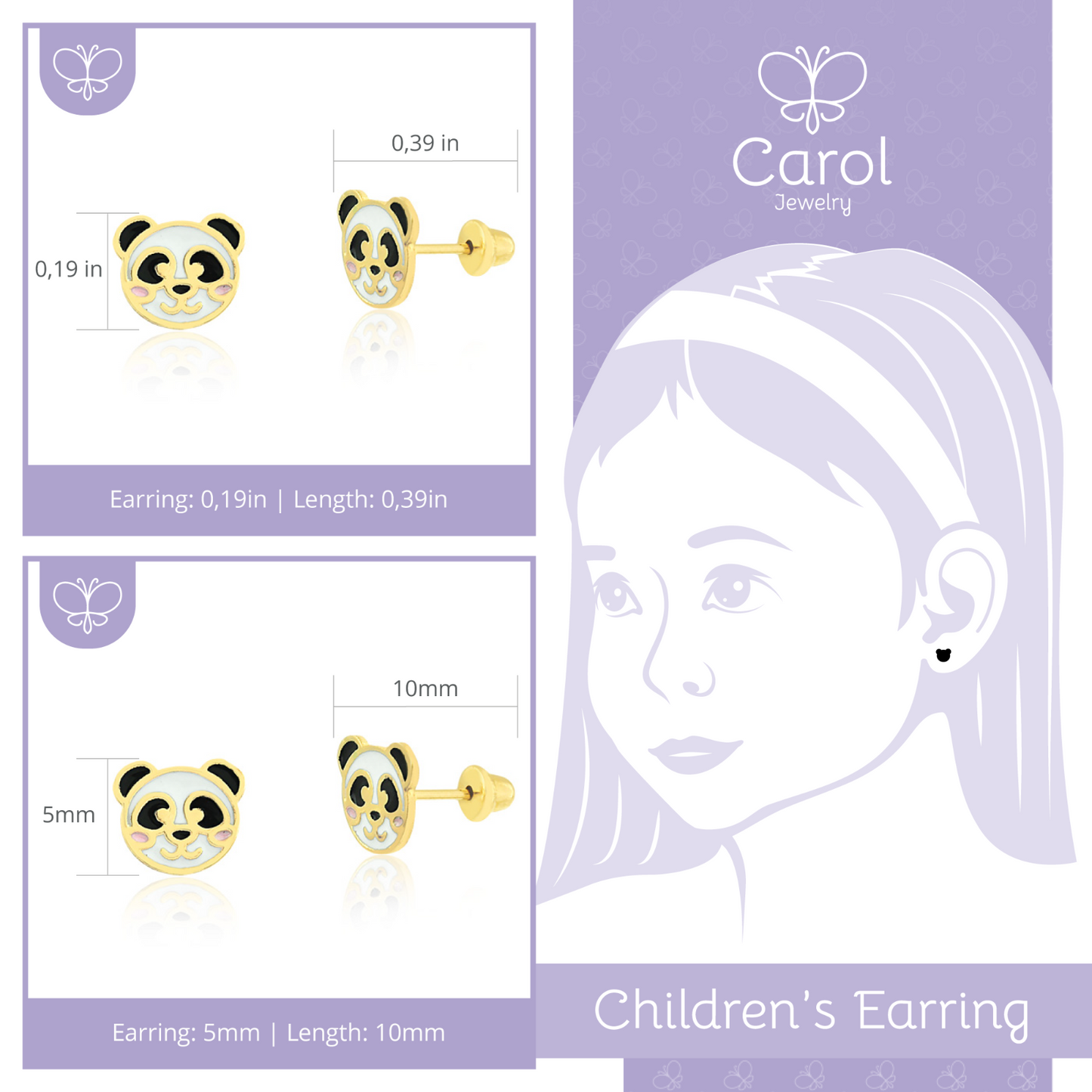 Panda 18k Solid Gold Enamel Butterfly Backs Stud Earrings for Infants Toddlers