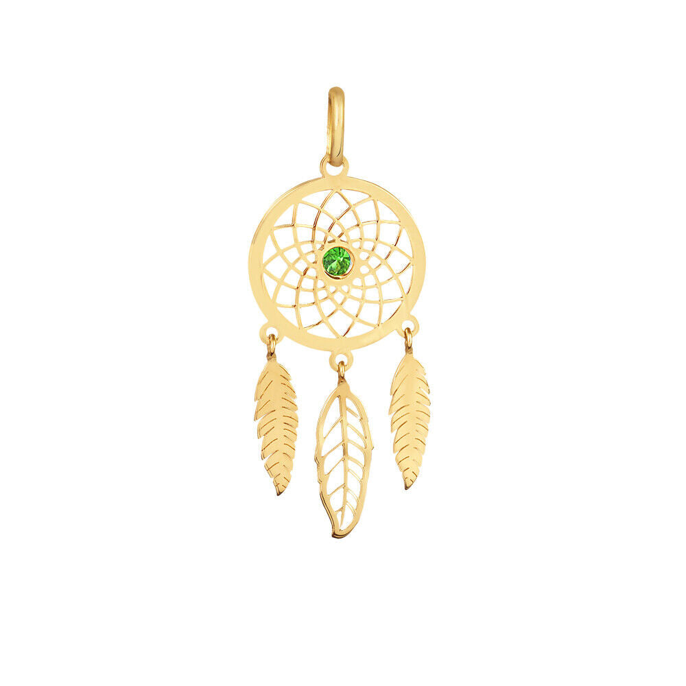 Dream Catcher 18k Solid Gold Feather Green Cubic Zircon 3 mm Charm charm