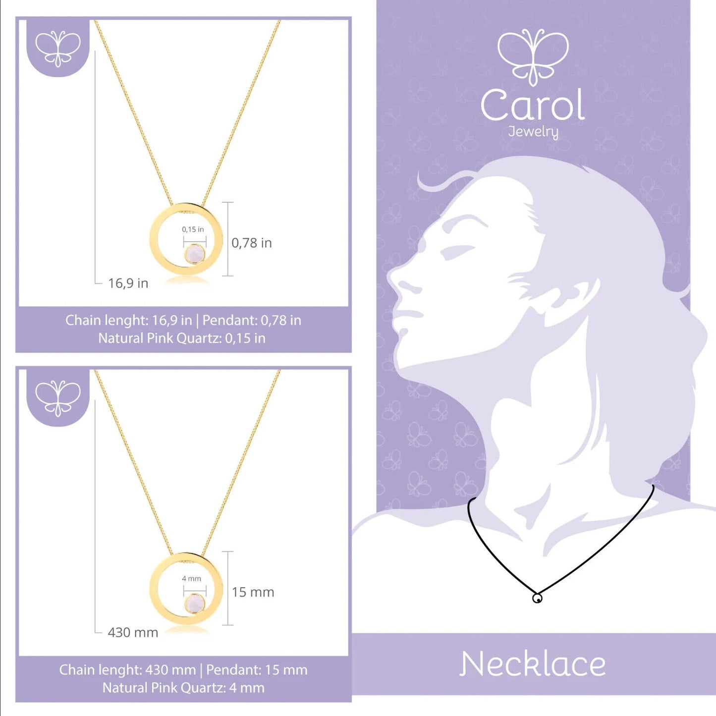 Chain 18k Solid Gold Circle with Natural Pink Quartz Stone for Women Teens