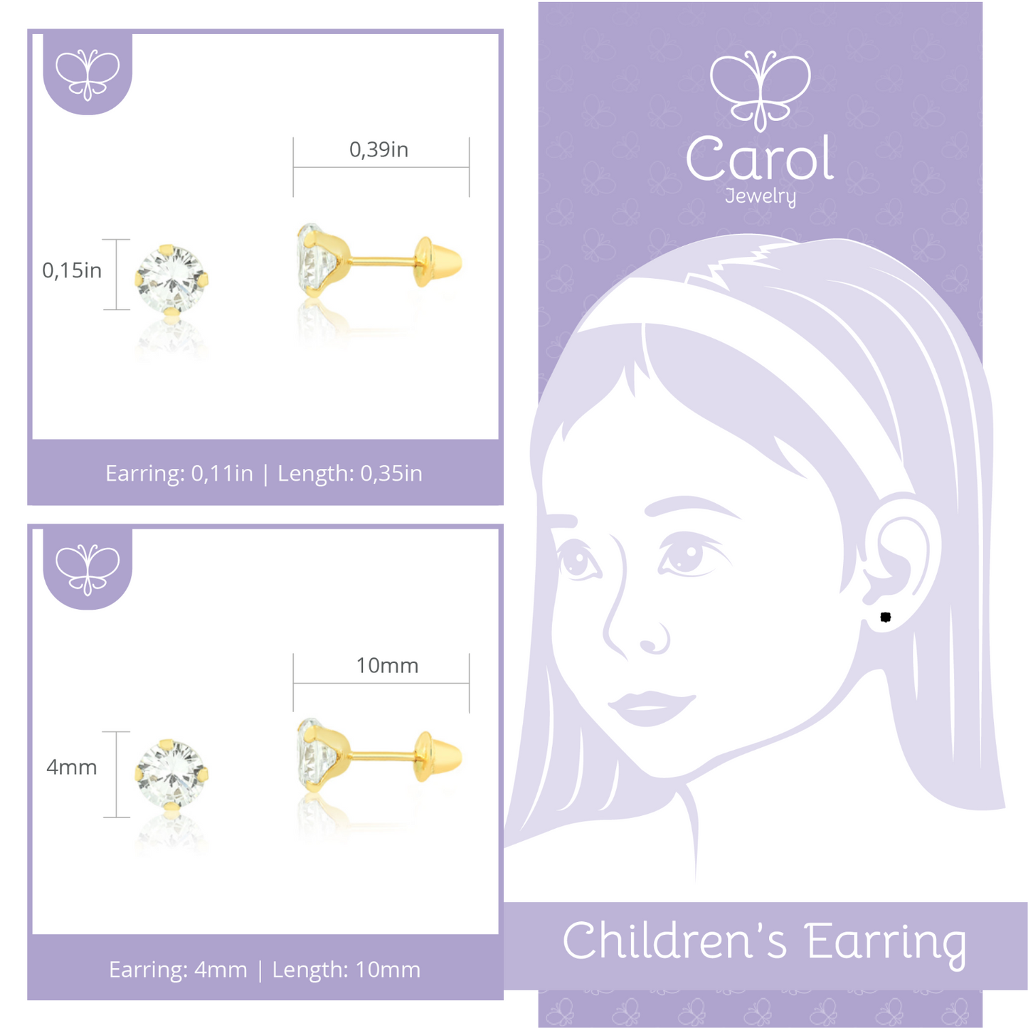 Cubic Zircon 4 mm 18k Solid Gold Push Backs Stud Earrings for Children and Women