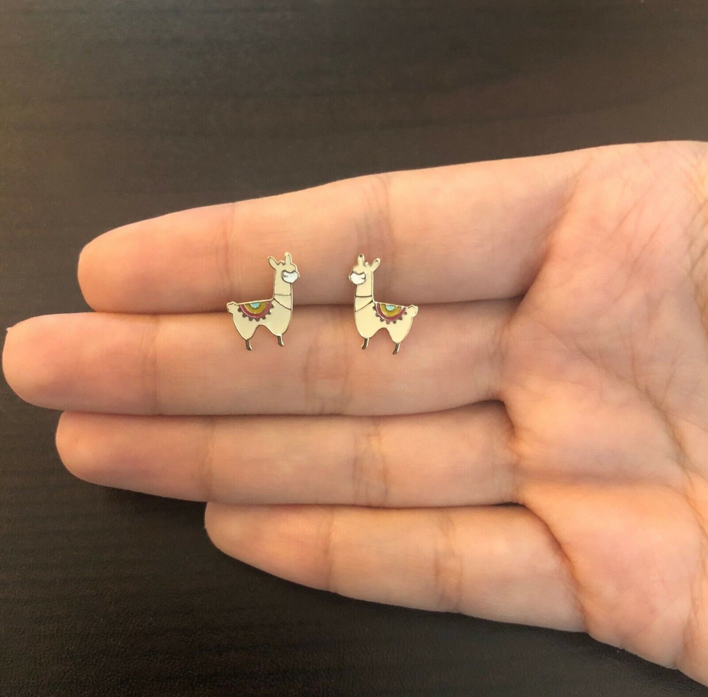 14k Solid Gold Llama Stud Earrings Enamel with Butterfly Backs for Kids