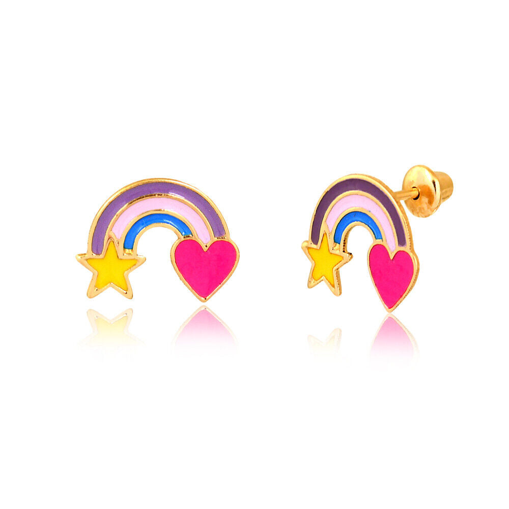 14k Solid Gold Enamel/Resin Rainbow Push Backs Stud Earrings Toddlers Children