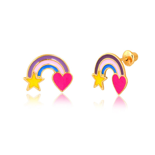 14k Gold Enamel Rainbow Earrings Studs with Push Backs
