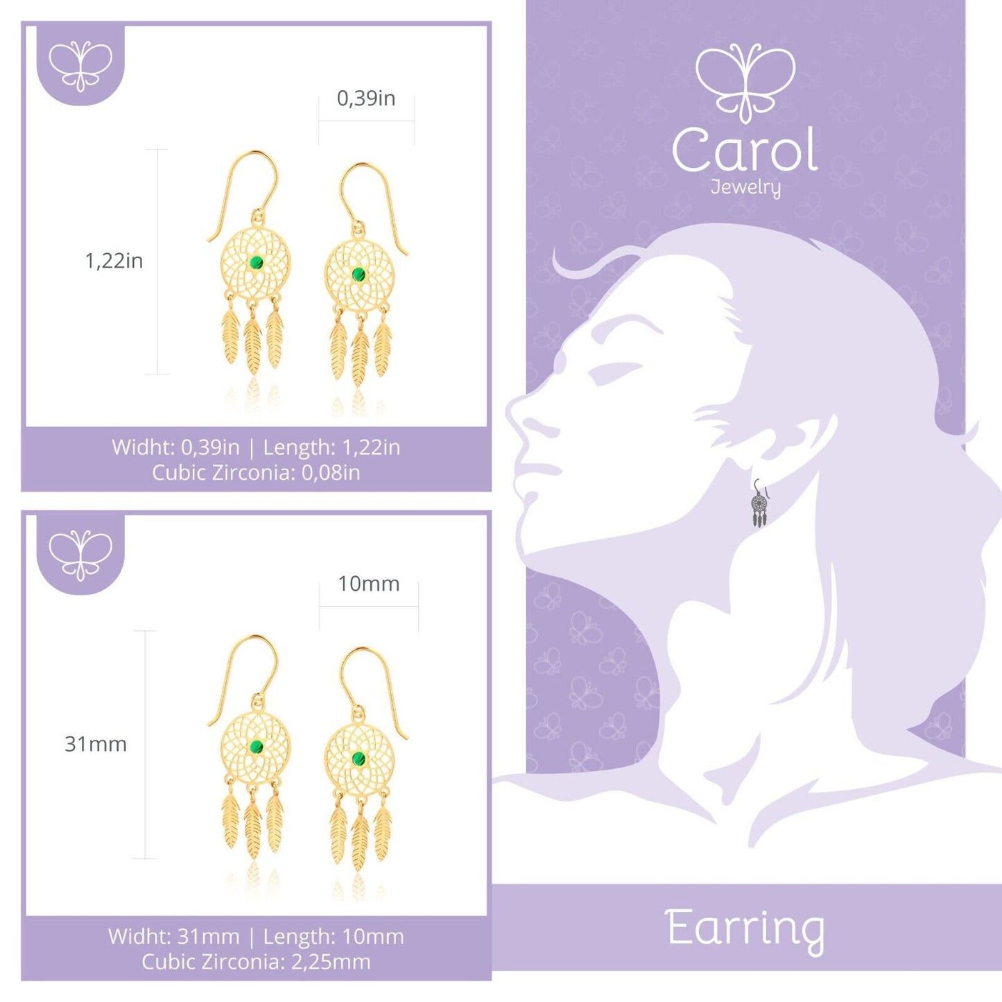 Dream Catcher 18k Yellow Gold Feather Green Zircon Hook Drop Dangle Earrings