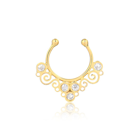 Piercing 18k Solid Yellow Gold Cubic Zircon Tribal Septum Ring Nose Ring Fake