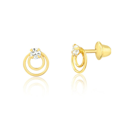 18k Solid Gold Double Circle Zircon Push Back Stud Earrings for Infants Toddlers