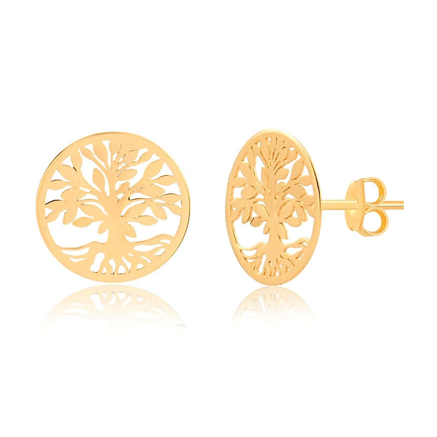 14k Solid Gold Tree of Life Round Shaped Butterfly Back Stud Earrings Women Girl