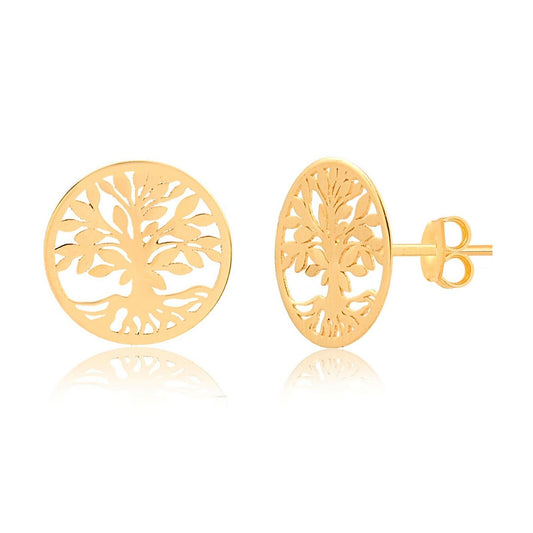 14k Solid Gold Tree of Life Round Shaped Butterfly Back Stud Earrings Women Girl