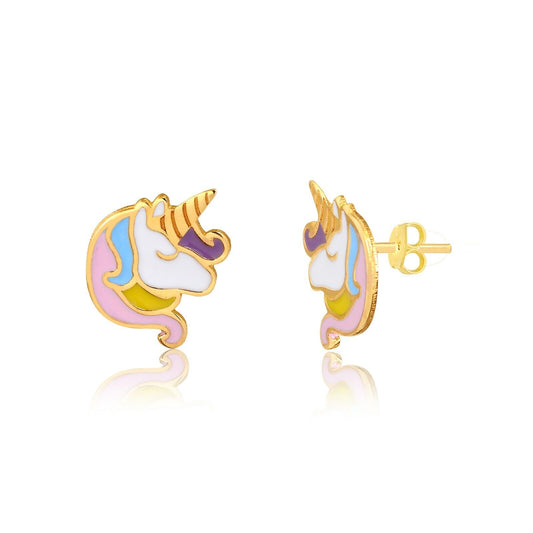 18k Solid Gold Enamel Unicorn Butterfly Backs Stud Earrings Girls and Toddlers