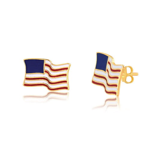 14k Solid Gold Enamel Resin USA Flag Patriot  Butterfly Backs Stud Earrings for Girls