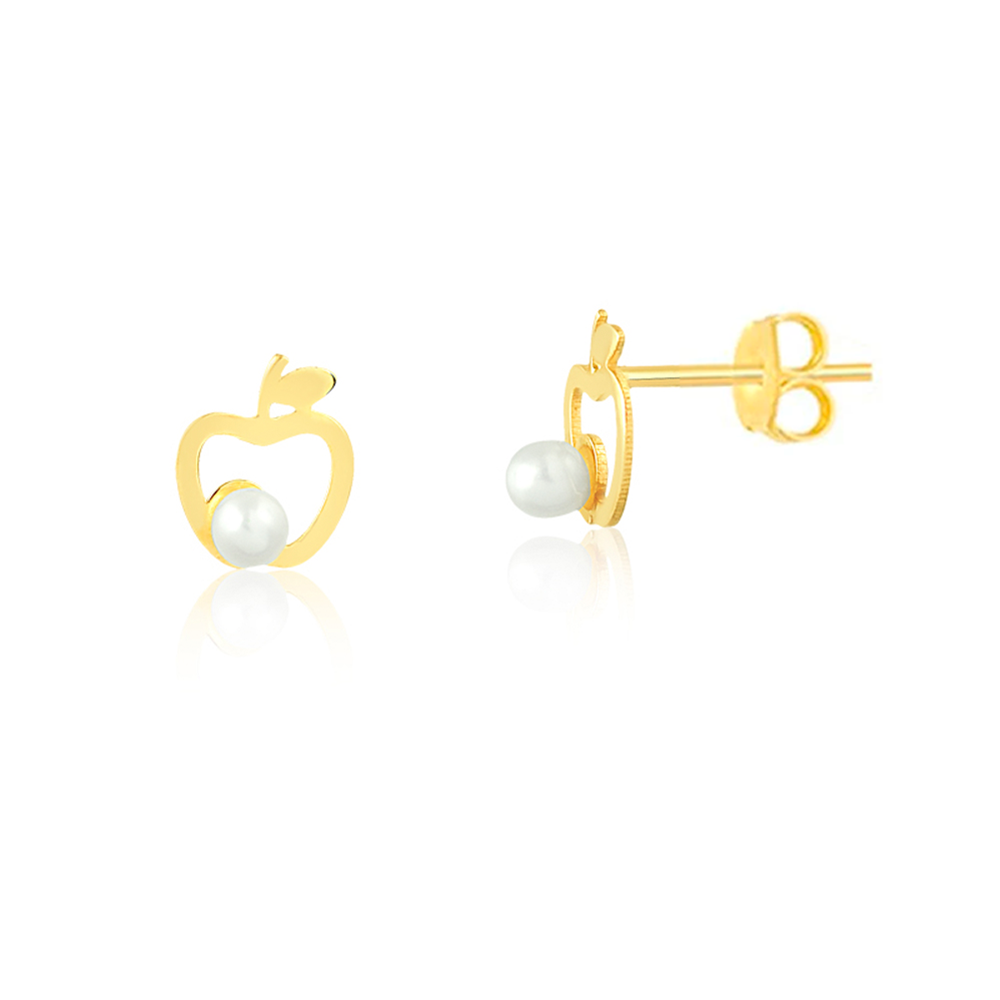 18k Solid Gold Apple Pearl Push Backs Stud Earrings for Babies, Infant, Toddlers