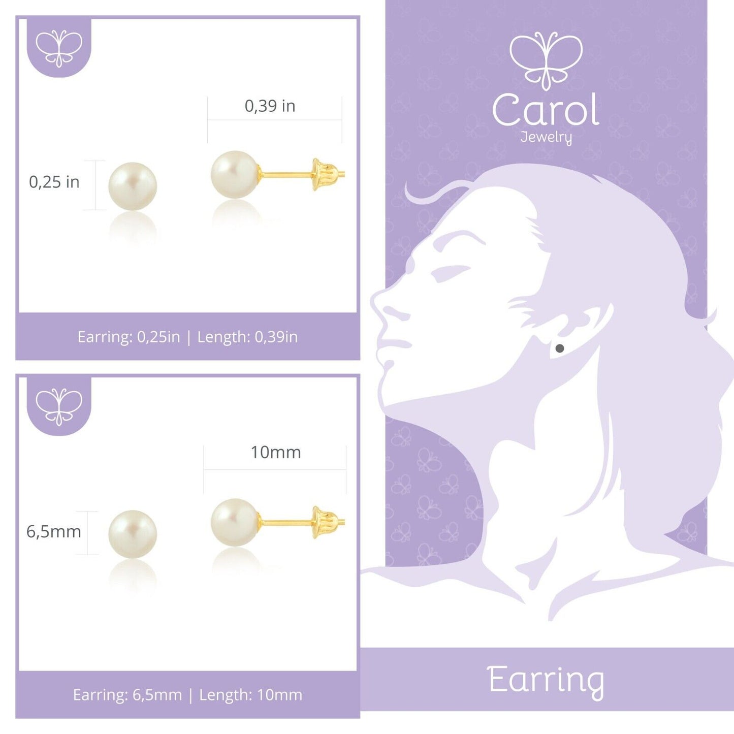 Freshwater Pearl 18k Solid Gold 6.5 mm Push Backs Stud Earrings for Girls/Women
