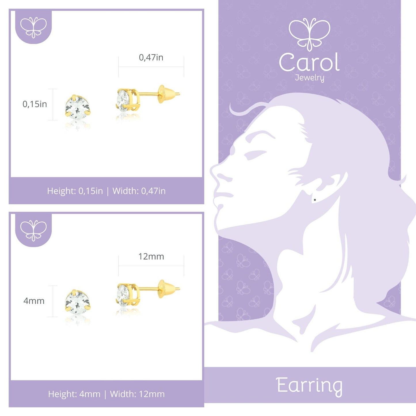 Zircon 4 mm 18k Solid Gold Push Backs Stud Earrings for Toddlers Children Girls