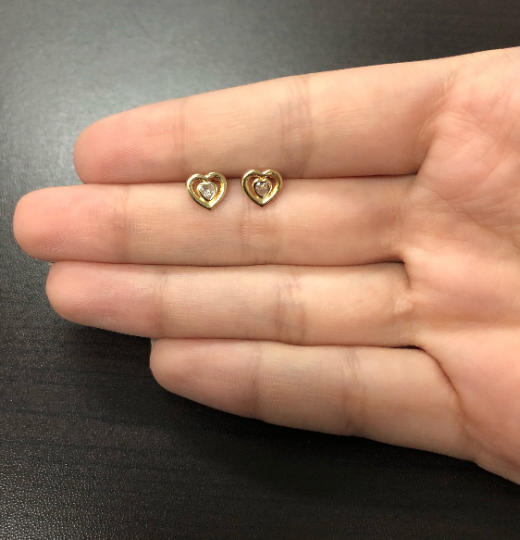 Double Heart Zircon 18k Solid Yellow Gold Push Backs Stud Earrings for Children