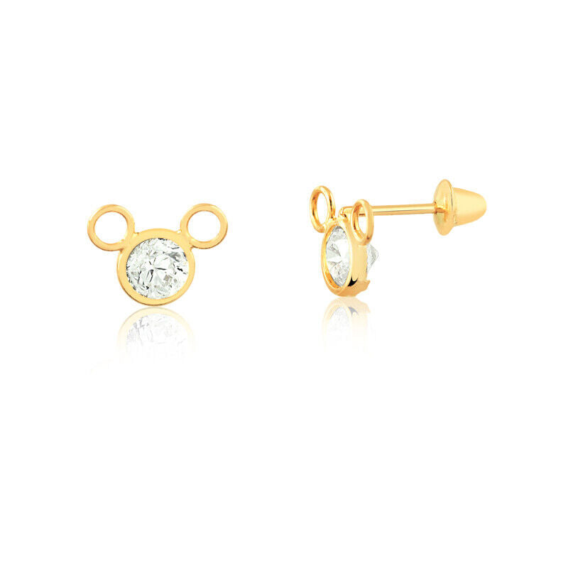 18k Solid Gold White Zircon Mouse Push Backs Stud Earrings for Toddlers Infants