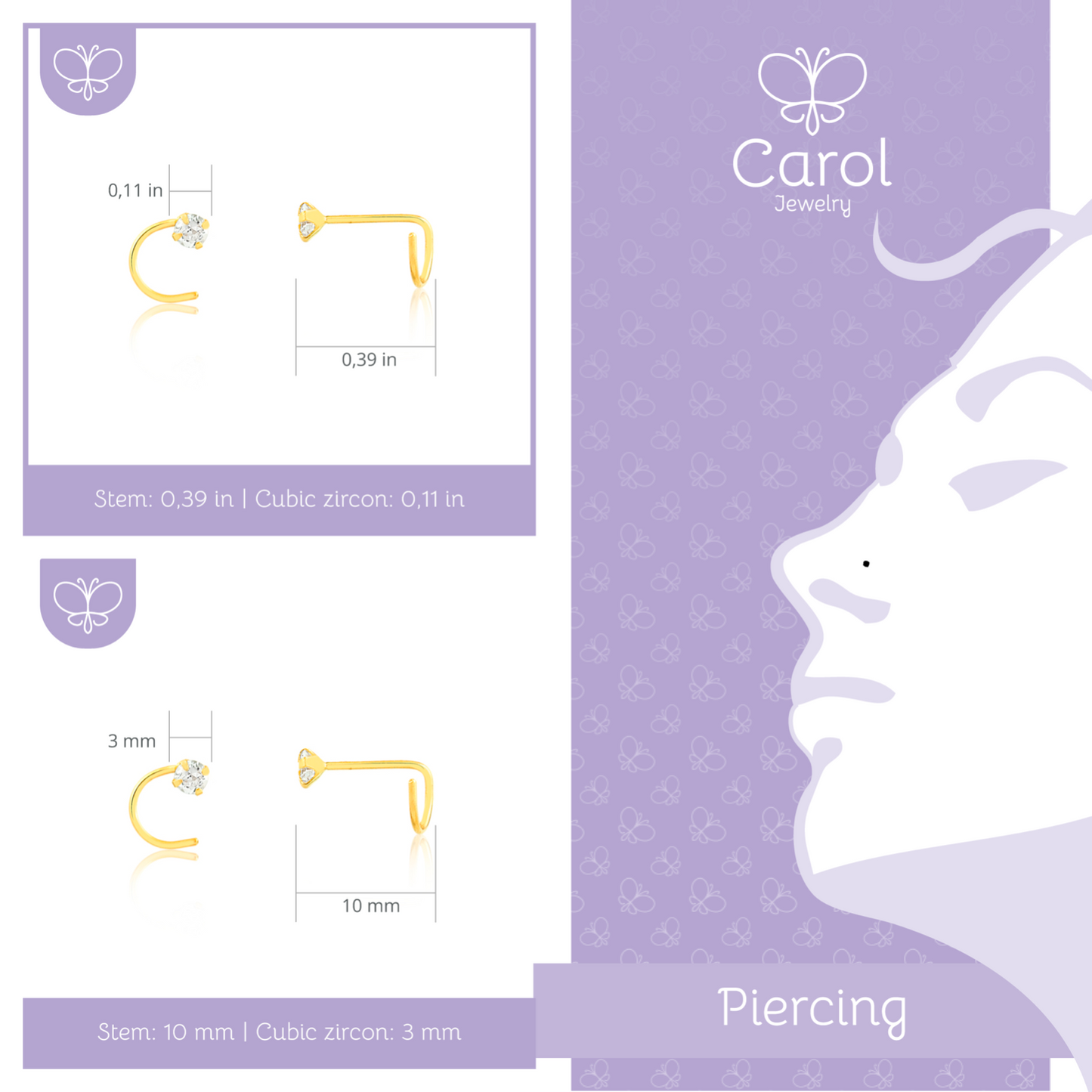 18k Solid Gold 3 mm Cubic Zircon Nose Stud Screw L Shaped Piercing Teens Women