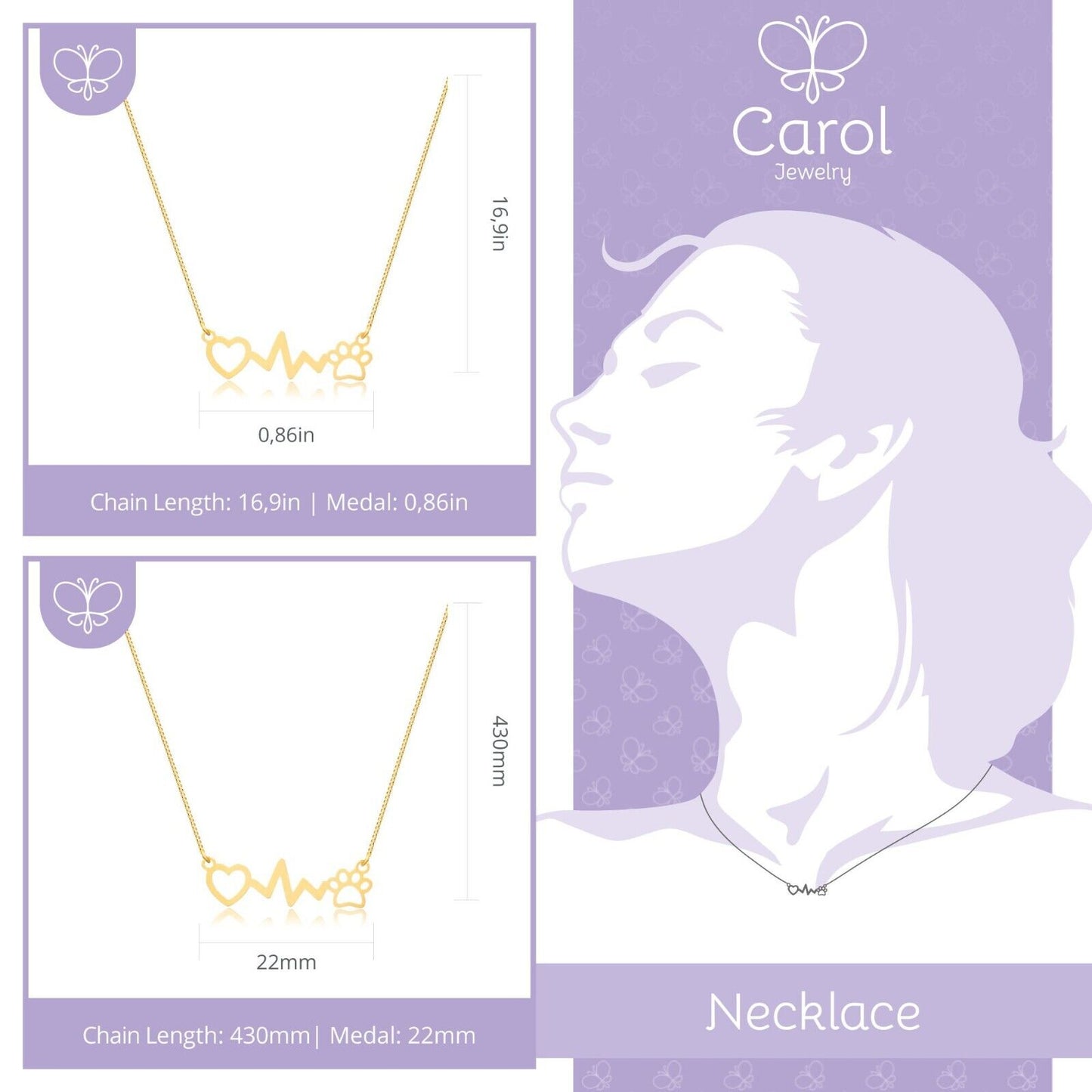 Chain Dog Lover Dog Paw Pet Heart Beat 18k Solid Yellow Gold for Women