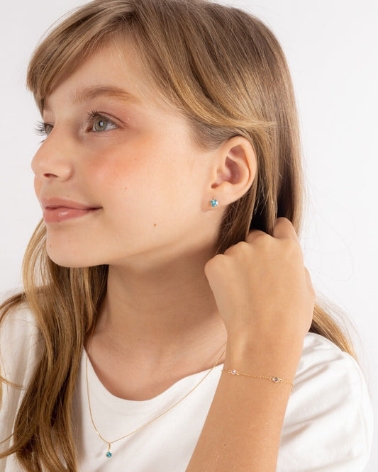 Earrings 18k Solid Gold Cubic Zircon 4.4 mm Push Back Stud for Toddlers Children