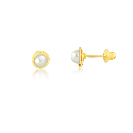 18k Solid Gold White Pearl 3 mm Push Backs Stud Earrings for Infants Toddlers