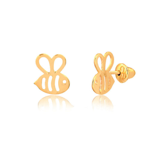 14k Solid Gold Bee Shaped Push Backs Stud Earrings for Babies, Infants Toddlers