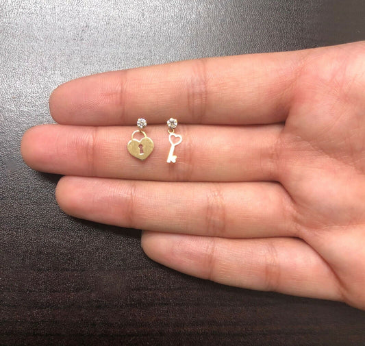 18k Solid Gold Heart Padlock Key of Heart Push Back Drop Earrings Toddlers Girls