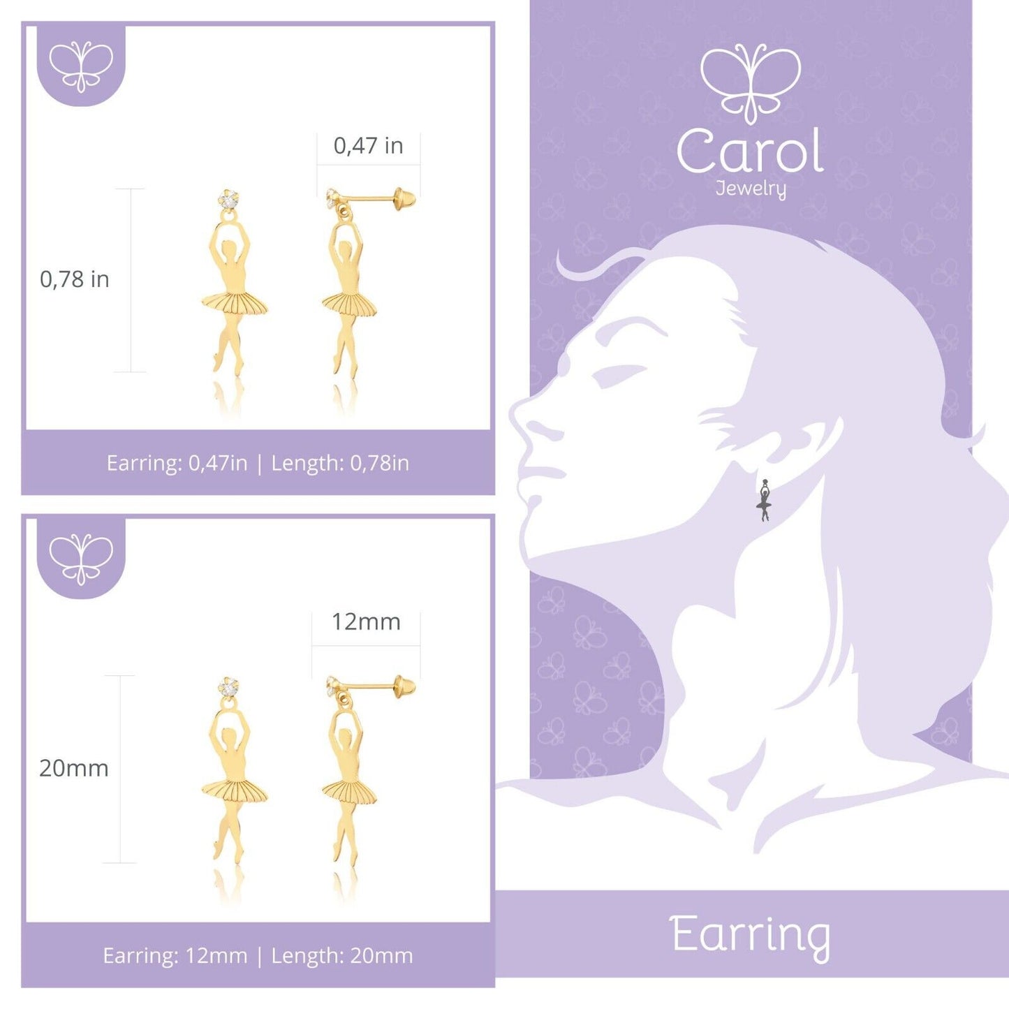 18k Solid Gold Ballet Dancer Ballerina Zircon Push Back Drop Earrings for Women