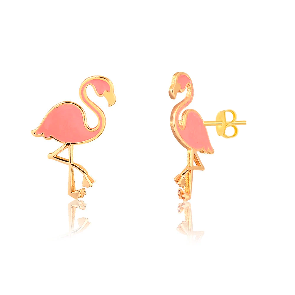 Flamingo 18k Solid Gold Enamel Push Back Stud Earrings for Toddlers and Children