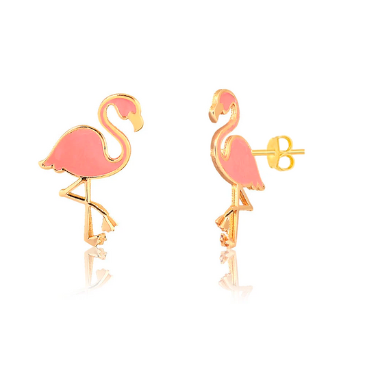 Flamingo 18k Solid Gold Enamel Push Back Stud Earrings for Toddlers and Children