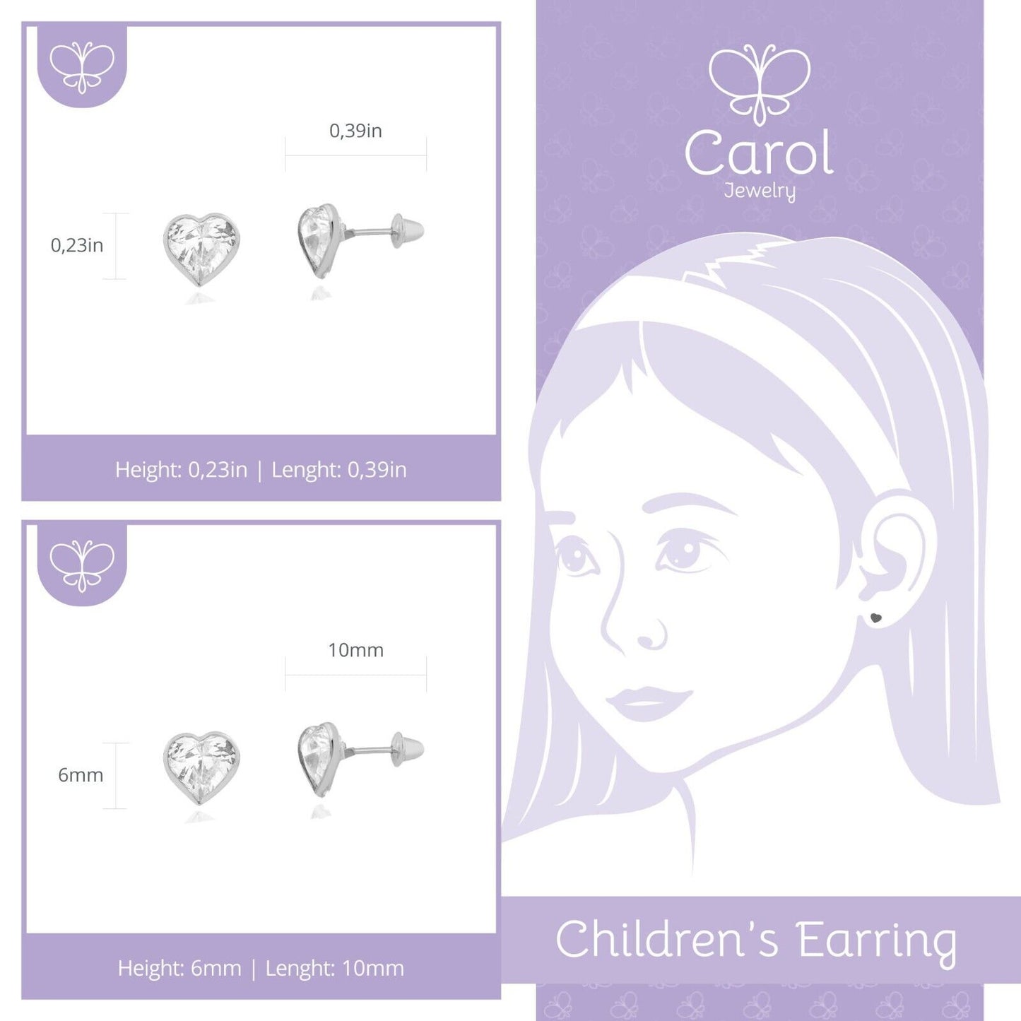 Heart Cubic Zircon 18k White Gold Push Back Stud Earrings for Girls and Children