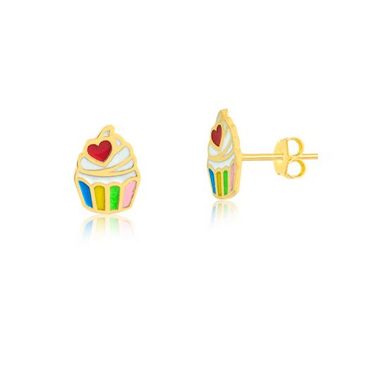 18k Solid Gold Enamel Resin Cupcake Push Backs Stud Earrings Infants Toddlers