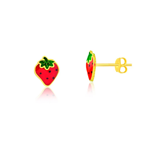 Strawberry 18k Solid Gold Resin Push Back Stud Earrings for Infants and Toddlers