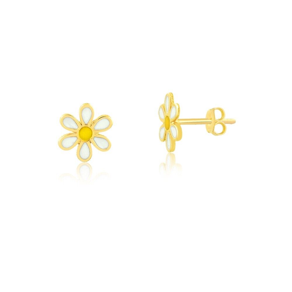 Daisy Flower 14k Solid Gold Enamel Butterfly Back Stud Earrings for Infants