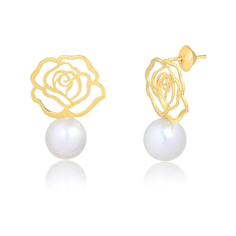 Rose Freshwater Pearl 18k Solid Gold 7 mm Push Backs Drop Earrings for Women