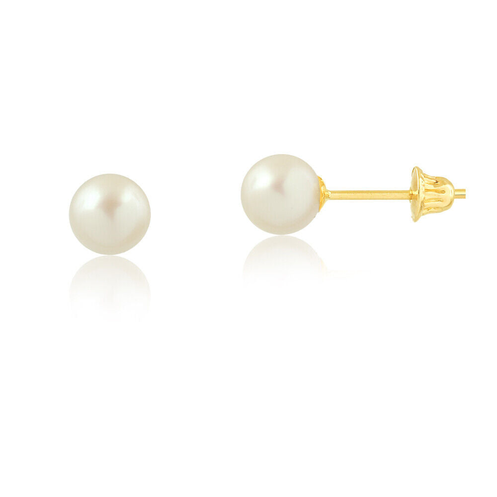 Freshwater Pearl 18k Solid Gold 6.5 mm Push Backs Stud Earrings for Girls/Women