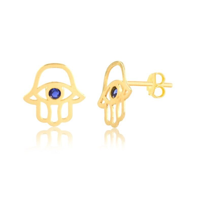 Hamsa 14k Solid Yellow Gold Earrings | Blue Cubic Zirconia CZ