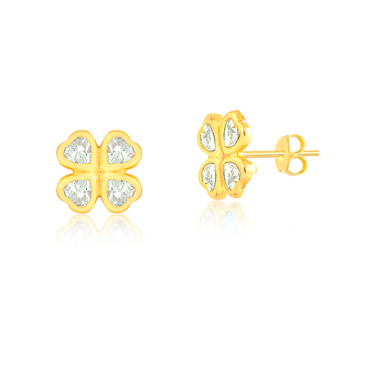 18k Solid Gold Cubic Zircon Heart Lucky Clover Push Backs Stud Earrings Children