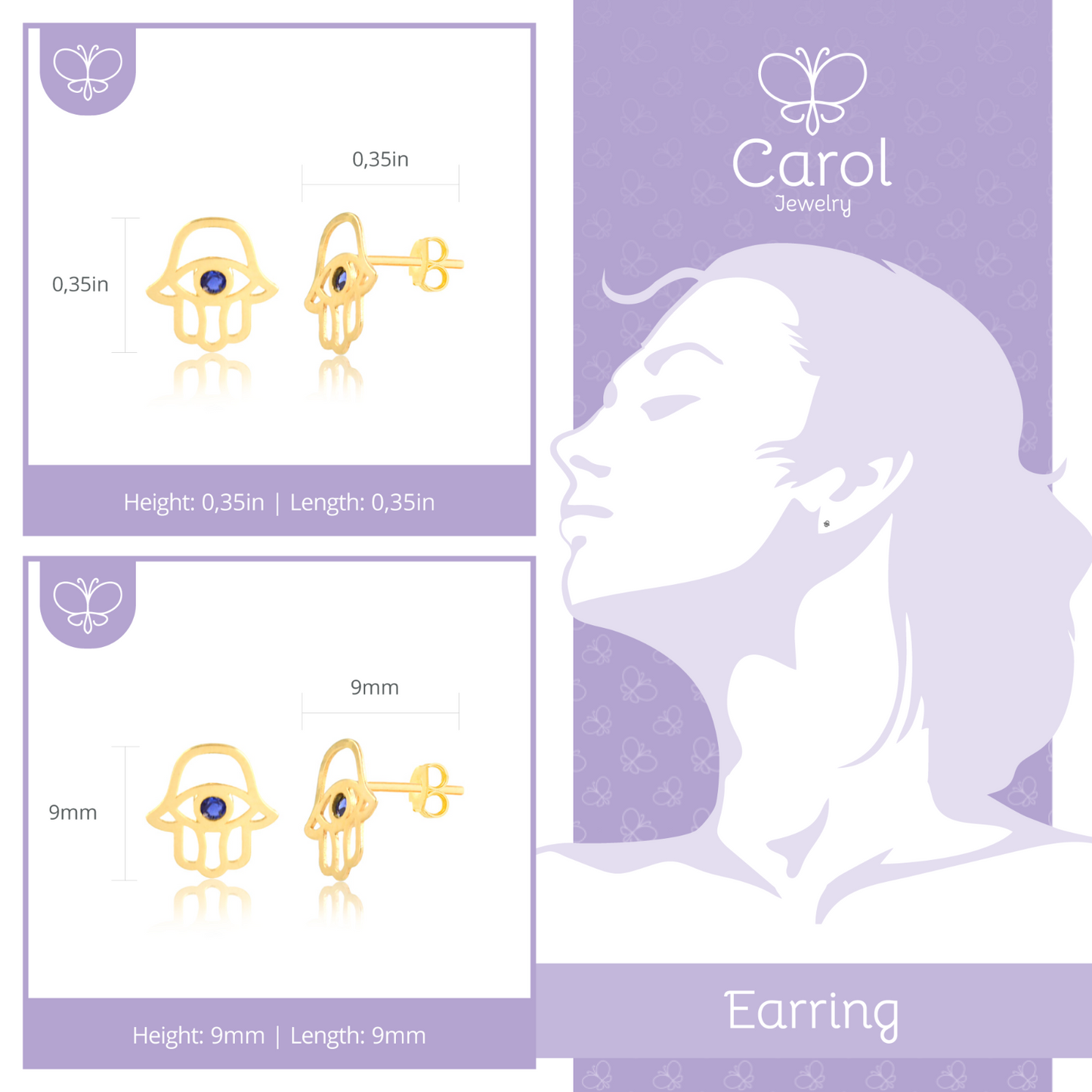 Hamsa 14k Solid Yellow Gold Earrings | Blue Cubic Zirconia CZ