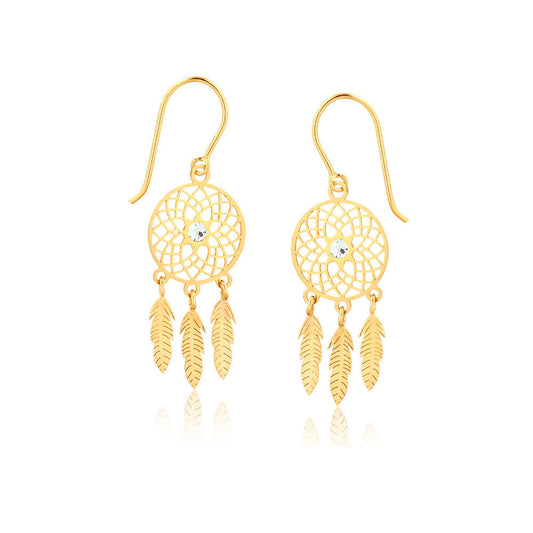 18k Yellow Gold Dream Catcher Cubic Zircon 2.25 mm Drop Dangle Hook Earrings