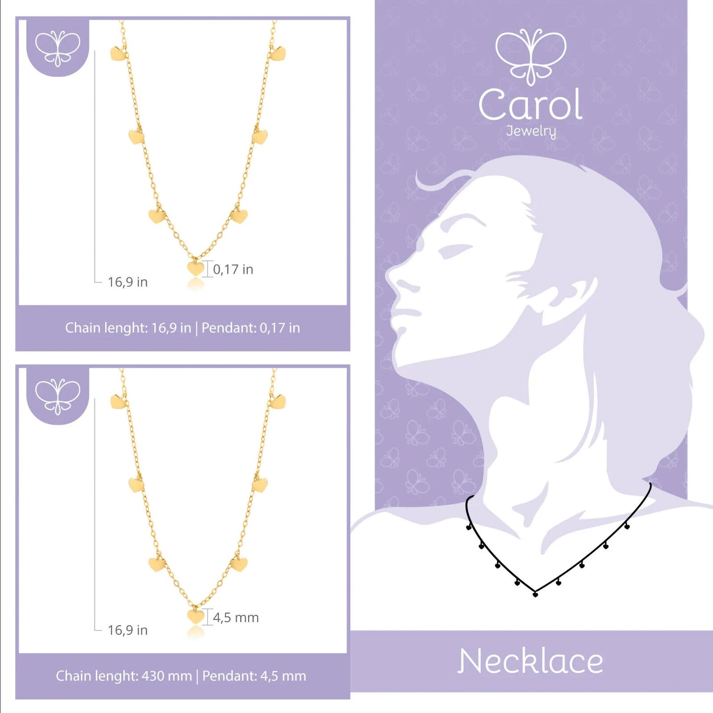 18k Solid Yellow Gold Heart Charm Chain for Teens and Women 43 cm