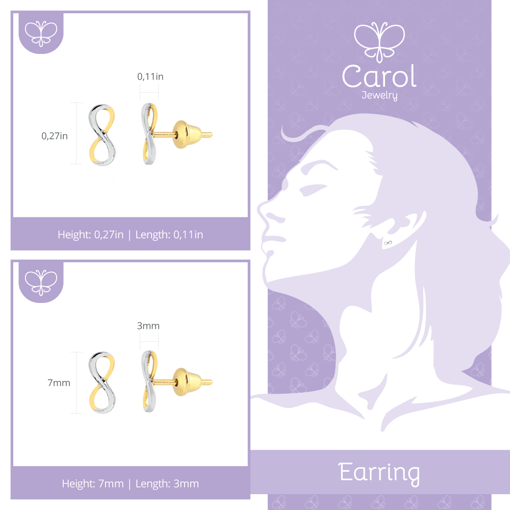 18 K Yellow Gold with Rhodium Infinity earrings for women, girls and kids.