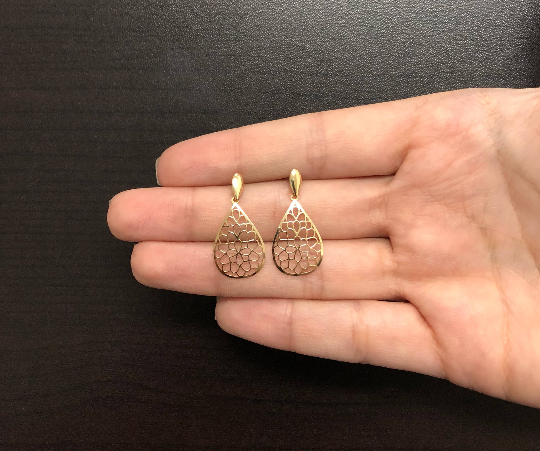 Teardrop Mandala Drop Dangle 18k Solid Yellow Gold Earrings for Women